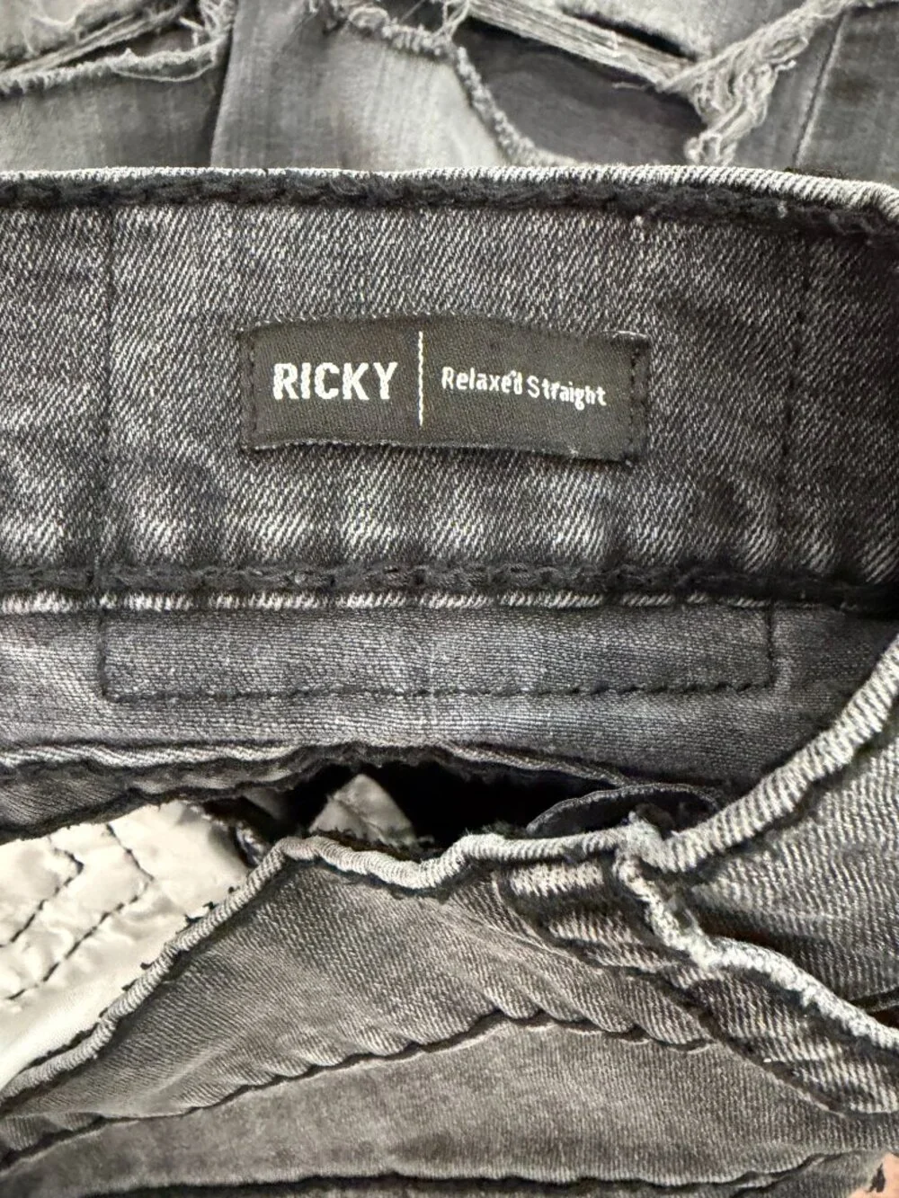 True Religion 33x32 Rocky Relaxed Straight Flap Big T Jeans Grey Distressed